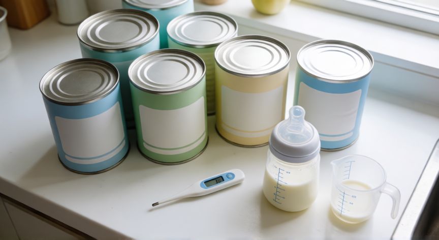 que formula le puedo dar a mi bebe de 3 meses, Varias latas de fórmula infantil con biberón preparado y termómetro sobre encimera de cocina