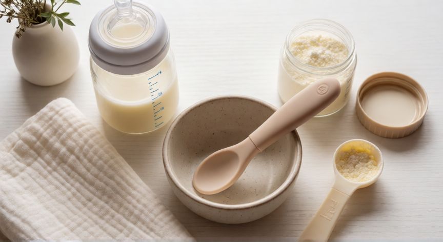 que formula le puedo dar a mi bebe de 4 meses, Material para preparar la fórmula del bebé: biberón, biberón, cuchara y biberón con biberón