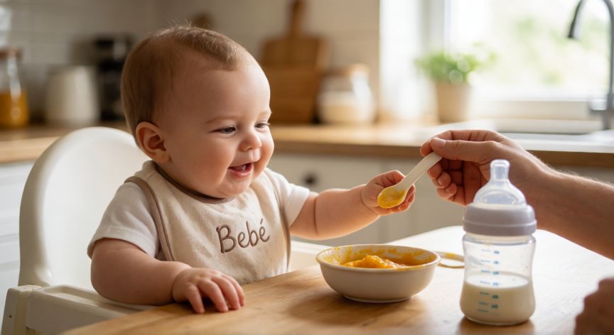 que formula le puedo dar a mi bebe de 6 meses, Bebé de 6 meses en su silla de comedor comiendo puré con un biberón de fórmula al lado