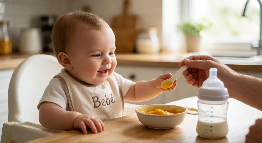 Bebé de 6 meses en su silla de comedor comiendo puré con un biberón de fórmula al lado