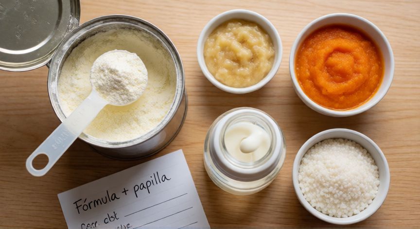 que formula le puedo dar a mi bebe de 6 meses, Biberón de fórmula junto a papillas de frutas y verduras para bebé de 6 meses