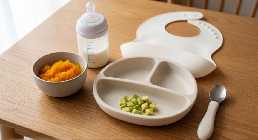 que formula le puedo dar a mi bebe de 8 meses, Mesa con biberón de fórmula y alimentos sólidos para bebé de 8 meses