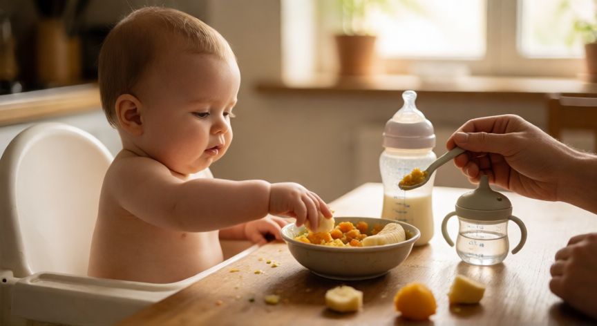 Bebé de 9 meses en la trona comiendo alimentos sólidos con un biberón de fórmula al lado