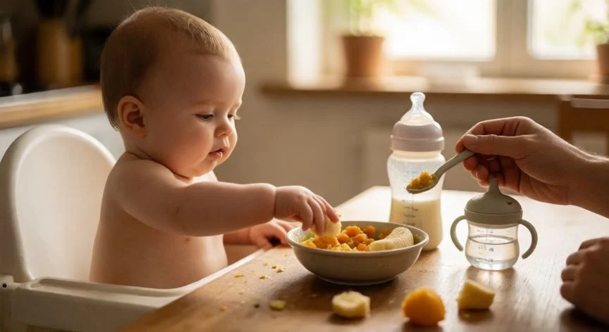 Bebé de 9 meses en la trona comiendo alimentos sólidos con un biberón de fórmula al lado