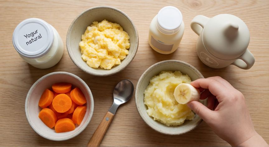 que formula le puedo dar a mi bebe de 9 meses, Vista cenital de la preparación de comida sólida y fórmula para un bebé de 9 meses