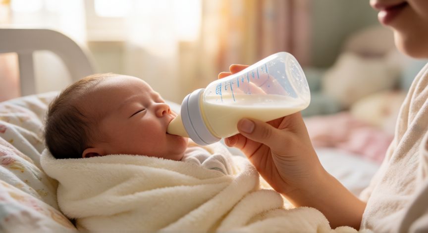 Madre alimentando a su bebé recién nacido con biberón de fórmula infantil