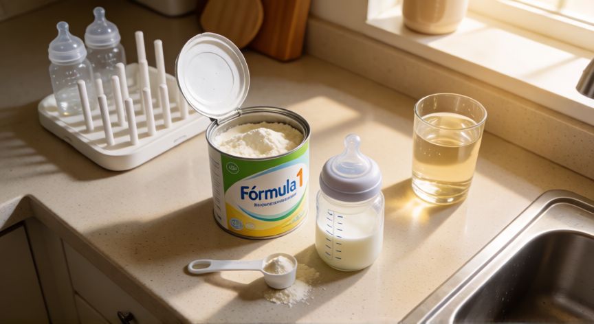 que formula le puedo dar a mi bebe recien nacido, Preparación de biberón con fórmula infantil: lata, medida, agua templada y biberón