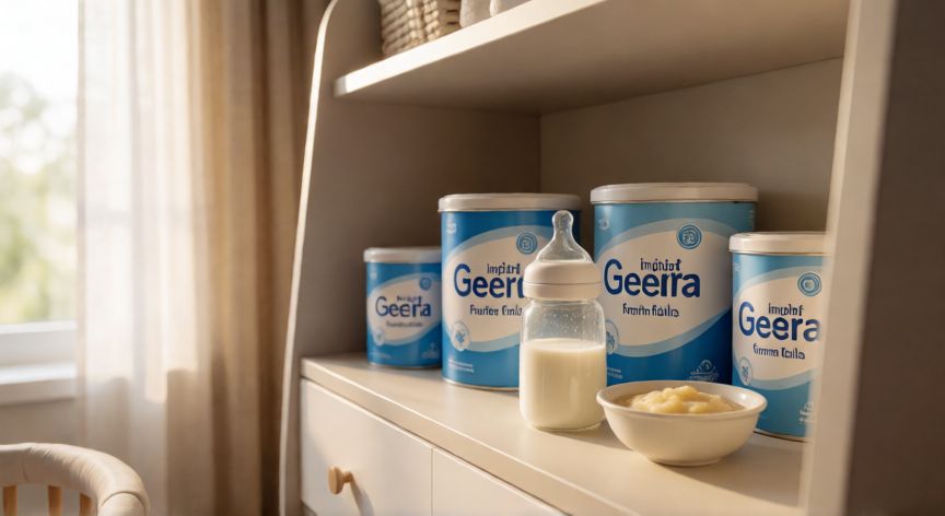 Varios biberones y latas de fórmula infantil NAN sobre estante de cuarto del bebé