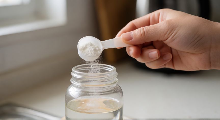 que formula nan es mejor, Manos de madre preparando un biberón de fórmula NAN con medida adecuada