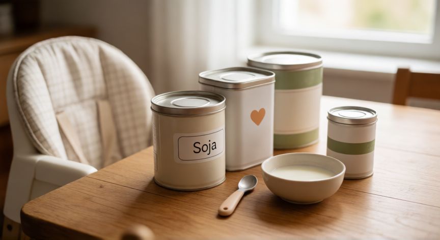 que formula no contiene leche de vaca, Fórmulas infantiles de soja y aminoácidos sobre una mesa junto a una cuchara para bebé