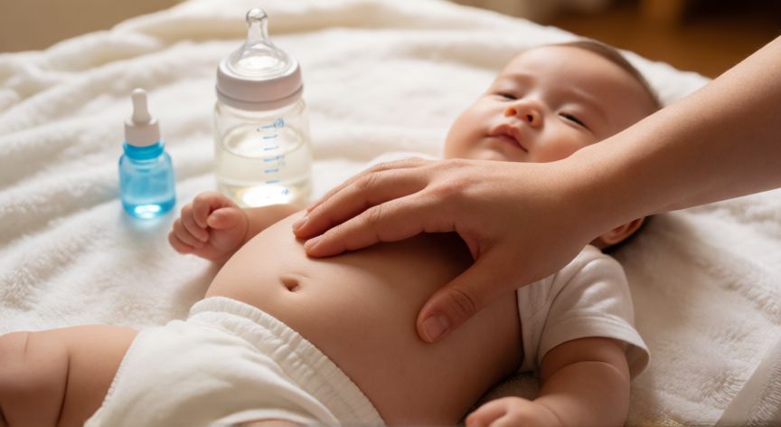 que formula no da colicos, Masaje abdominal en sentido horario en un bebé para aliviar gases y cólicos