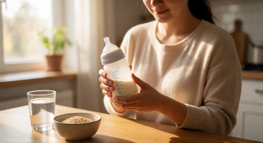 Madre preparando biberón de fórmula láctea en la cocina con ingredientes para una dieta equilibrada