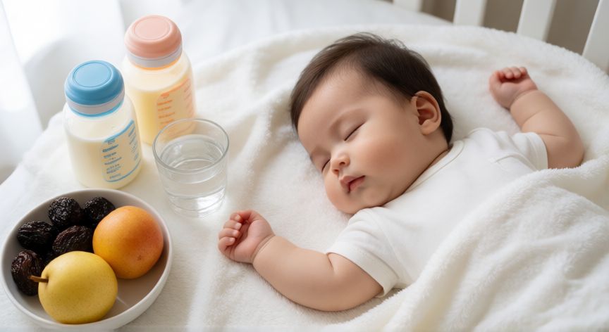 que formula no da estreñimiento, Bebé durmiendo junto a biberones de fórmula y frutas ricas en fibra para un tránsito intestinal saludable