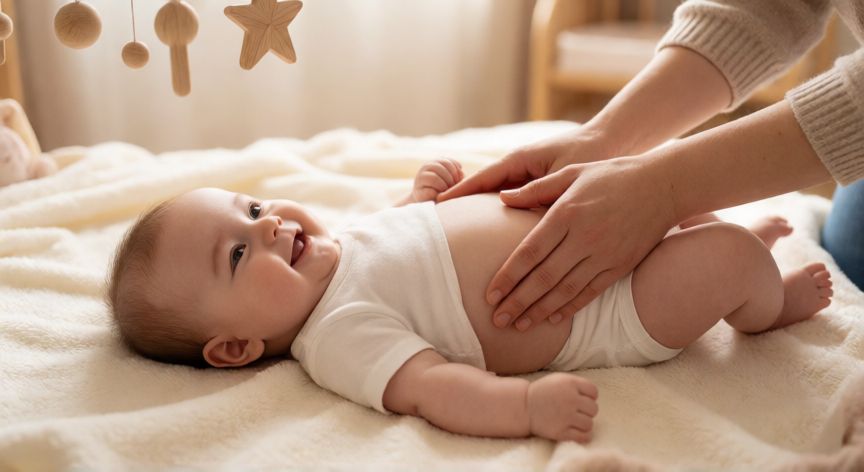 que formula no estriñe a los bebes, Masaje abdominal en sentido horario para estimular el tránsito intestinal del bebé