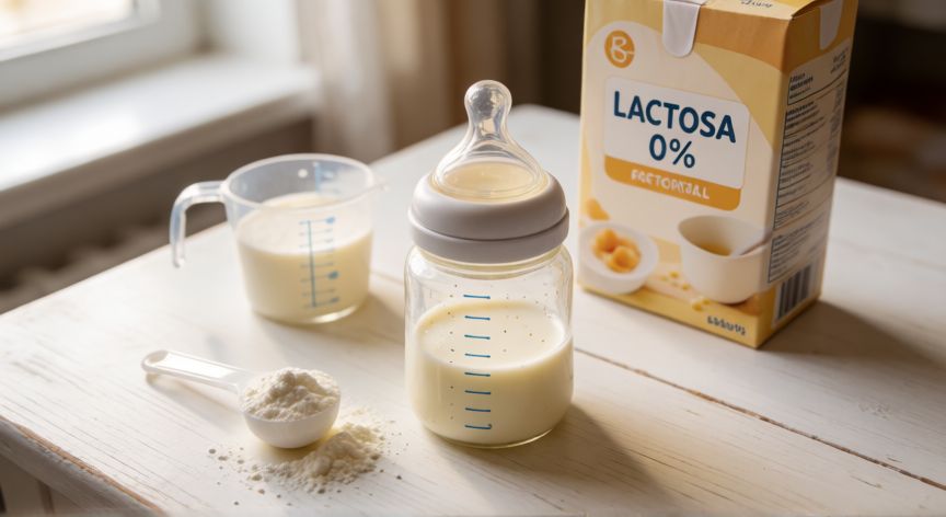 que formula no tiene lactosa, Biberón de fórmula infantil sin lactosa sobre una mesa con el bote y la dosificadora