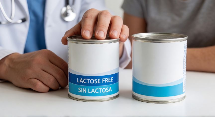 que formula no tiene lactosa, Pediatra mostrando dos fórmulas de bebé, una estándar y otra sin lactosa, durante una consulta