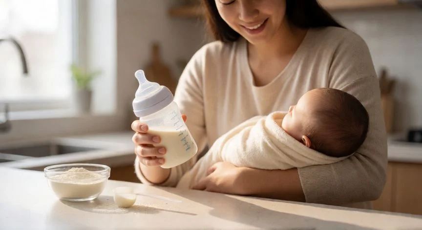 Madre preparando un biberón de leche de fórmula en la cocina