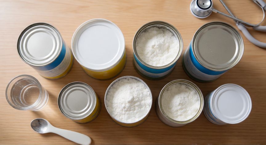 que formula para bebe es mejor, Diferentes latas de leche de fórmula para bebé sobre una mesa de madera