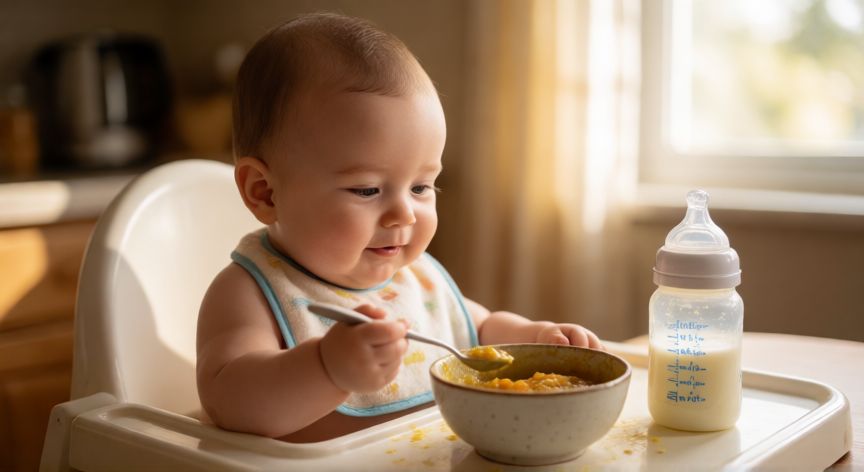 Bebé de 6 meses en la trona siendo alimentado con papilla de verduras junto a un biberón de fórmula