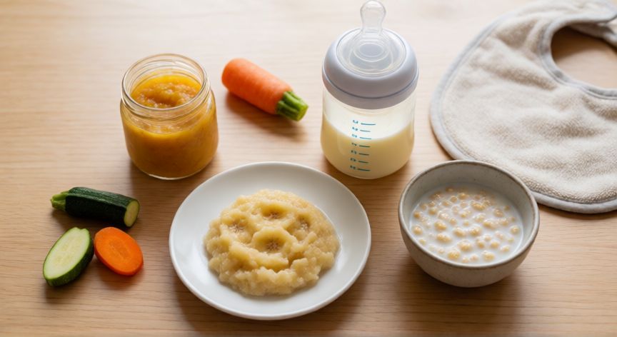 que formula puede tomar un bebe de 6 meses, Vista cenital de los alimentos y biberón para un bebé de 6 meses en su primera diversificación