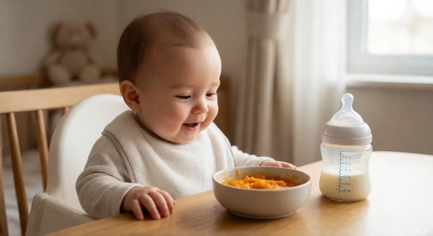 Bebé de 7 meses en su trona con un biberón de fórmula y un cuenco de puré de verduras