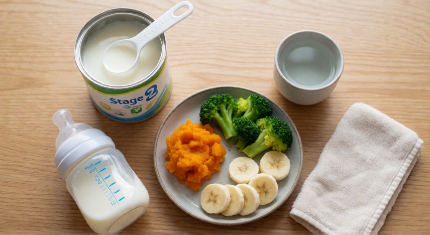 que formula puede tomar un bebe de 7 meses, Plato de alimentos complementarios para bebé de 7 meses junto a un biberón de fórmula etapa 2