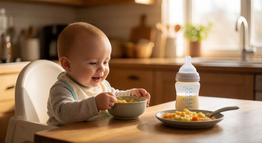 Bebé de 9 meses comiendo en su trona con un biberón de fórmula de continuación al lado
