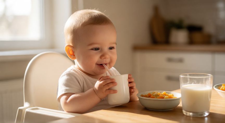 Bebé de un año tomando leche entera en la silla de comedor junto a su comida