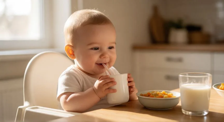Bebé de un año tomando leche entera en la silla de comedor junto a su comida