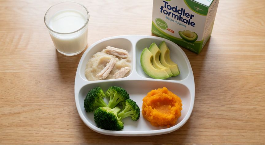 que formula puedo darle a mi bebe de 1 año, Plato de comida equilibrada para bebé de un año con leche entera y fórmula de crecimiento al fondo