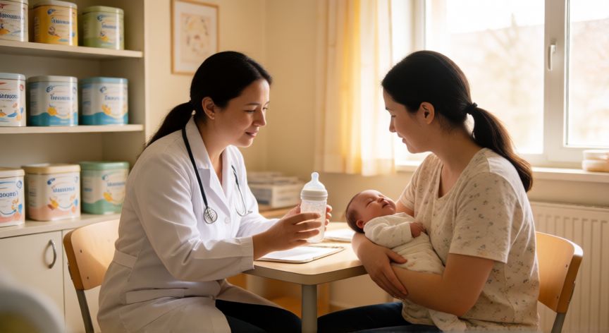 Pediatra recomendando fórmula láctea a una madre con su bebé