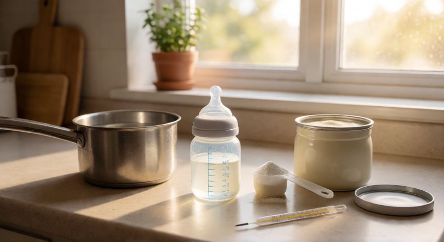 que formula recomiendan los pediatras, Preparación correcta del biberón con fórmula láctea en la cocina