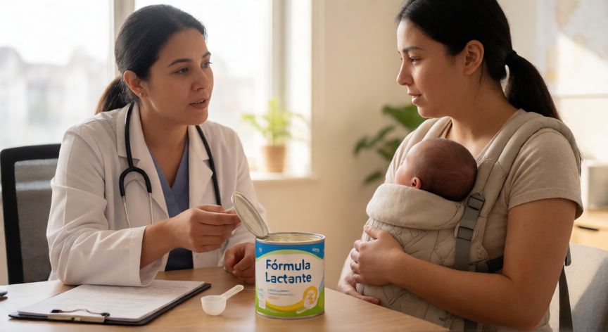 Pediatra recomendando fórmula láctea infantil a una madre con su recién nacido