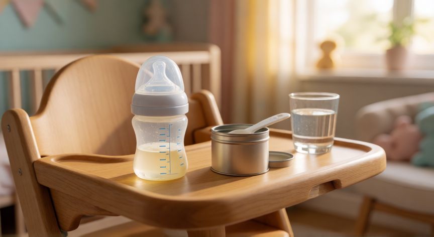 que formula recomiendan los pediatras para recien nacidos, Preparación de biberón con fórmula infantil y agua en la mesita del bebé