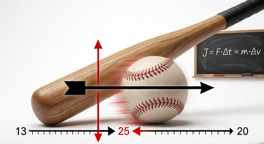 qué fórmula relaciona impulso y cambio de movimiento, Diagráma físico de un bate golpeando una pelota con vectores de fuerza y la fórmula del impulso