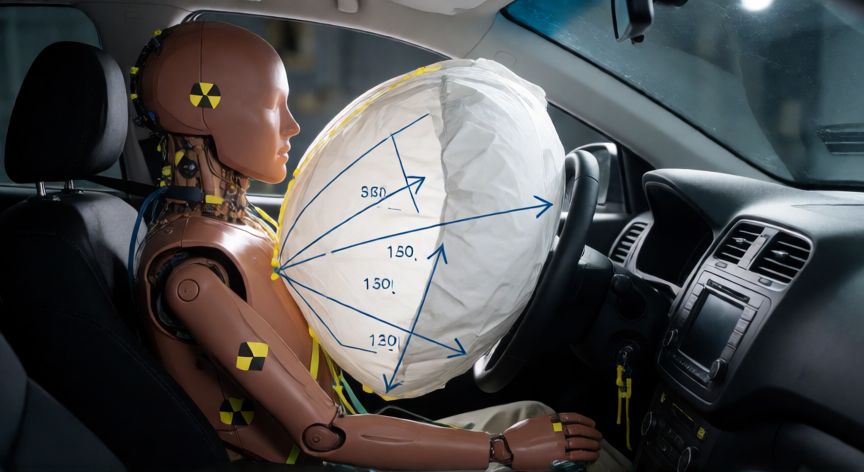 qué fórmula relaciona impulso y cambio de movimiento, Prueba de choque con airbag desplegado ilustrando la relación entre tiempo de colisión y fuerza promedio