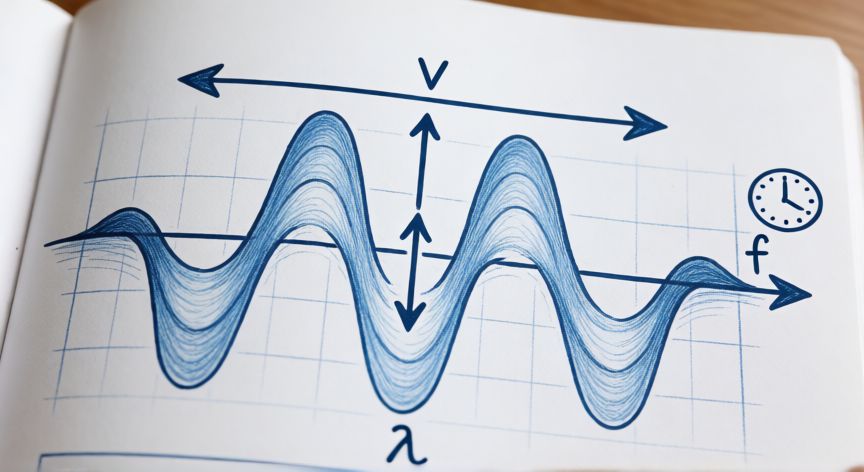 Diagrama de una onda sinusoidal con las etiquetas de velocidad, frecuencia y longitud de onda