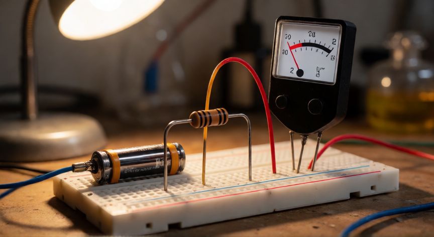 Circuito eléctrico simple con resistencia de 10 ohmios y amperímetro demostrando la Ley de Ohm