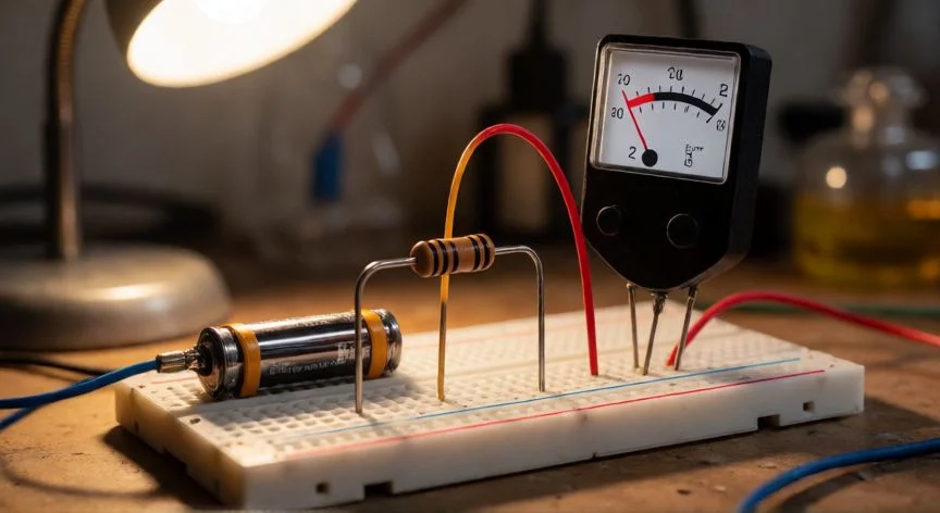Circuito en protoboard con resistencia y multímetro mostrando la fórmula de Ohm