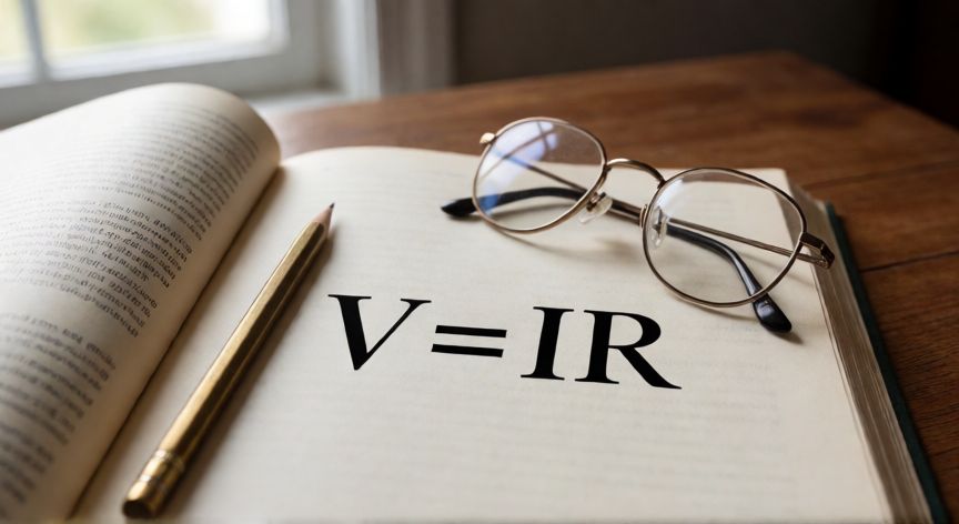 que formula representa la ley de ohm, Libro de física abierto mostrando la fórmula de la Ley de Ohm sobre un escritorio