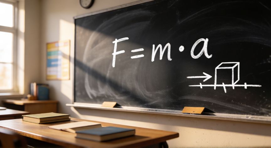 que formula representa la segunda ley de newton, Pizarra de física con la fórmula de la segunda ley de Newton F=ma y un diagrama de fuerzas