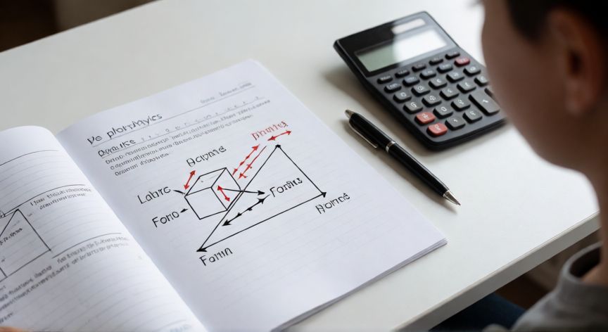 que formula representa la segunda ley de newton, Diagrama de cuerpo libre de una caja en plano inclinado sobre escritorio de estudio