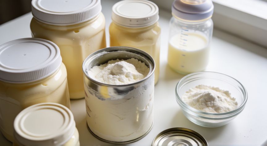 que formula se asemeja mas a la leche materna, Varias latas de fórmula infantil y un biberón con leche sobre una superficie blanca