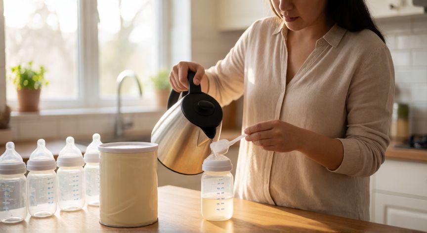 Madre preparando biberón de fórmula láctea para bebé en la cocina
