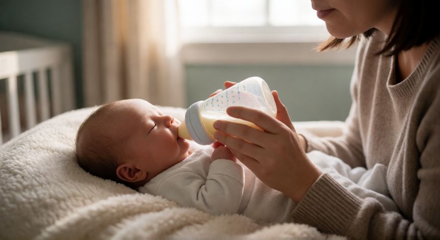 que formula se le puede dar a un bebe de 1 mes, Bebé de un mes tomando el biberón de fórmula con su madre