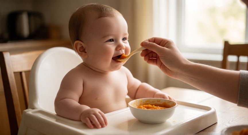 Bebé de 6 meses en la silla alta comiendo puré de verduras con cuchara