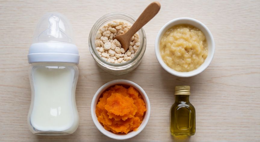 que formula se le puede dar a un bebe de 6 meses, Biberón de fórmula, cereal infantil, purés de fruta y verdura sobre mesa de madera