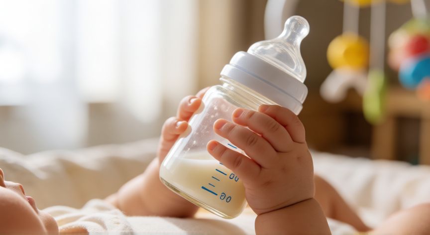 que formula se le puede dar a un recien nacido, Cuerpo de bebé sosteniendo un biberón con fórmula láctea