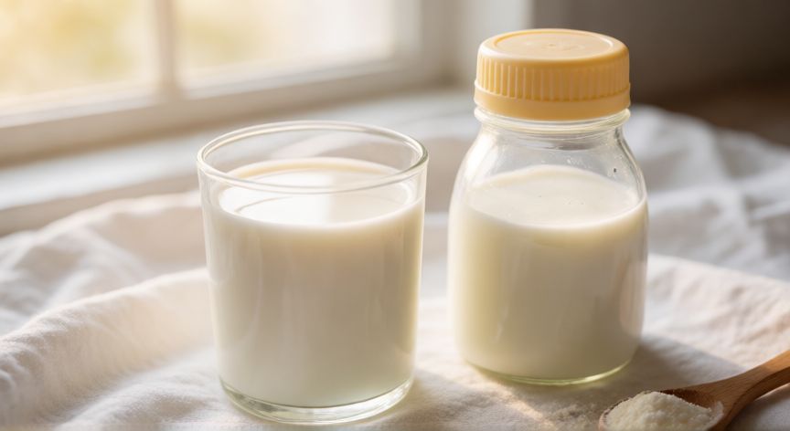 que formula se parece a la leche materna, Comparación visual entre leche materna en un vaso y fórmula infantil en un biberón sobre tela blanca