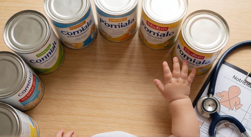 que formula se parece a la leche materna, Vista cenital de varias latas de fórmula infantil sobre una mesa de madera con elementos de consulta pediátrica